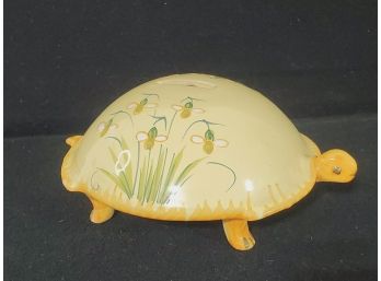 Adorable Vintage Yellow Handpainted Ceramic Turtle Coin Bank - Make In Italy