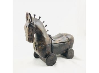 Antique Hand Carved Wooden Trojan Horse Toy With Hidden Compartment