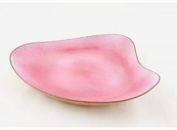 Mid Century Modern Pink Enamel On Copper Coin Or Jewelry Dish - Signed On Bottom