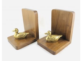 Pair Of Vintage Walnut And Brass Duck Bookends