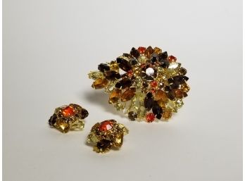 Autumnal Bejewled Pin And Earrings