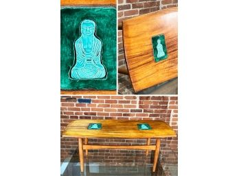 Mid Century Modern Solid Walnut Coffee Table With Ceramic Buddha Tiles