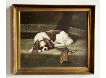 Vintage Acrylic Or Oil On Canvas Painting Of A King Charles Spaniel