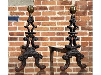 Pair Of Antique 1800's Cast Iron & Brass Christmas Tree Shaped Andirons