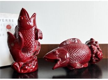 Pair Of Vintage C.1950's Red Glazed Ceramic Koi Fish Vases