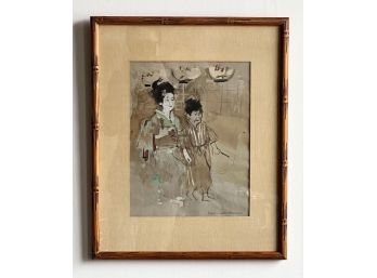 Vintage Jack Levine Watercolor Lithograph 'Geisha With Attendant'