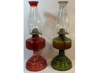 2 Gorgeous Red & Green Oil Lamps