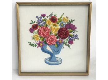 Vintage Framed Embroidered Hand Stitched Floral Bouquet