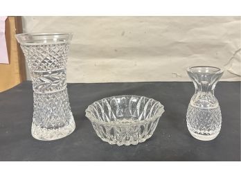 Two Flower Vases 2 Pieces Of Waterford Crystal And Unmarked Bowl. KM - A3