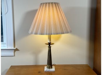 A Vintage Lamp With A Marble Base & Metal Body, Pleated Shade