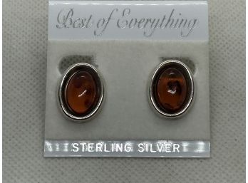 Sterling Silver And Amber Cabochon Clip-on Earrings