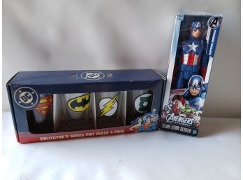 DC Collectors Series Pint Glass 4 Pack Set Plus Marvel Avenger Figure