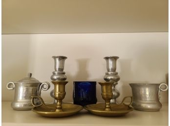 Grouping Of Brass And Pewter Candlesticks, Creamer & Sugar With Blue Glass Votive