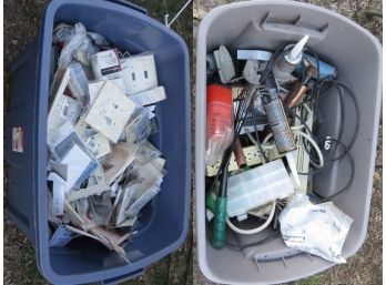 Contractor Lot- 2 Totes Filled With Various Electrical Goods, Light And Plug Covers, Power Strips- 100's