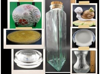 Miscelanious Lot Of Glass, Ceramic, Dishes, Vases, Figures ,jars, Wood La-z-susan, Etc.