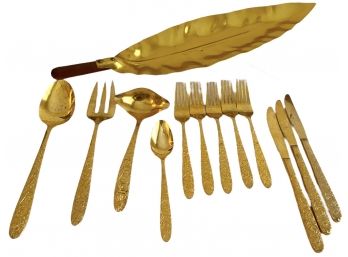 Vintage Neocraft Leaf Tray And Gold Toned Flatware
