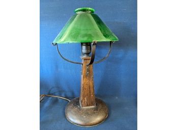 17' Tall Arts And Crafts Wood Table Lamp With Green Cased Glass Shade