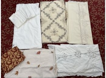 Five Vintage Tablecloths Plus Napkins - Embroidered, Cutouts, Varied Textures