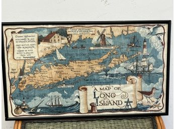 Framed Textile Map Of Long Island By Richard Batchelder - Black Wooden Frame