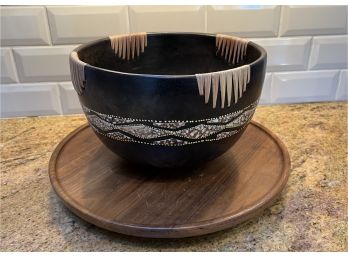 Vintage Teak Lazy Susan And African Style Centerpiece Bowl