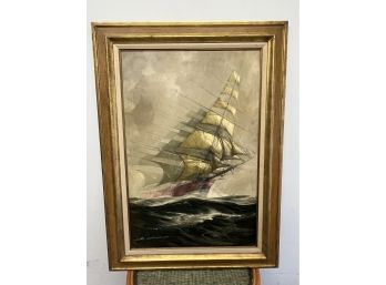 Oil On Canvas Signed Renato Longanesi -  Full Sail Clipper On A Stormy Sea (Italian 1931-)