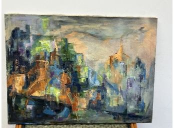 Signed Oil On Canvas By Edith Posen - Abstract City Scape - Mounted On Wood Frame