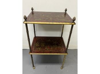 Painted Wood Two Tier Chinoiserie Themed Side Table With Metal Legs