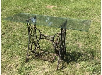Vintage Sewing Machine Glass Top Console Table