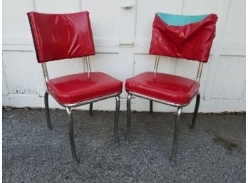 Pair Mid Century Kitchen Chairs - Red With Blue Beneath