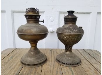 Pair Antique Brass Hurricane Lamps
