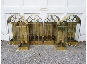 Set Of Brass And Bevelled Glass Palladian Window Sconces