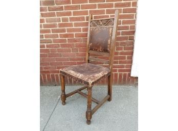 Antique Carved Oak And Leather Side Chair