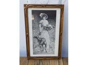 Vintage Print In Antique Frame - Lady With Dog