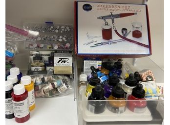 Set Of Artist Supplies Including An Air Brush Set, Inks Markers And More