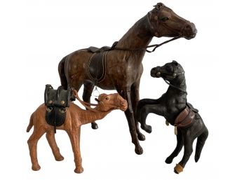 1970's Vintage Leather Horses And  A Camel Figurines