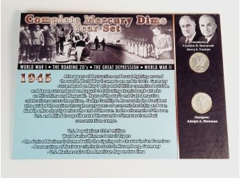 Complete 1945 Mercury Dime Silver Year  Set With Info And History Card