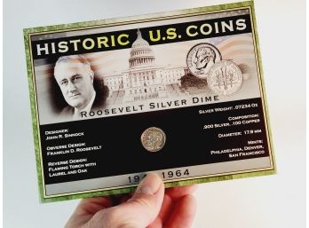 Roosevelt SILVER Dime With History And Info Card