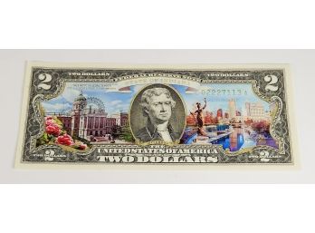 The Bradford Exchange Illustrated  Colorized  $2 Dollar Bill - The State Of Indiana