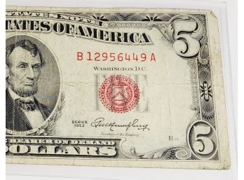 1953 $5 Red Seal Certificate  Bill / Note