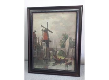 Signed Painting Of A Windmill On Canal