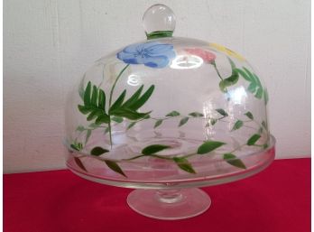 Hand Painted Floral Glass Cake Stand With Lid