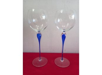 Pair Of Blue Stemmed Wine Glasses