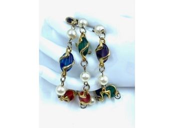 Vintage Goldtone 3 Strand Bracelet- Faux Pearl & Colorful Beads