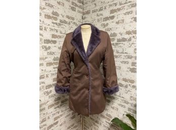 Vintage Bonders Exclusive All Season Calendar Cloth Dark Lavender Tailored Coat W/ Faux Fur Trim