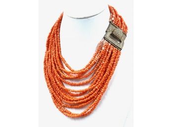 Vintage Multistrand Coral Tone Necklace W/ Dramatic Clasp