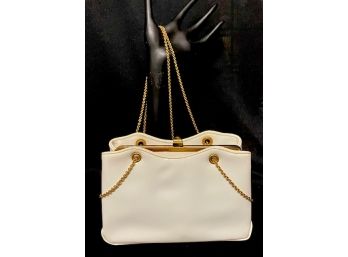 Vintage Goldtone & Faux White Patent Leather Handbag From The Elaine Shoppe