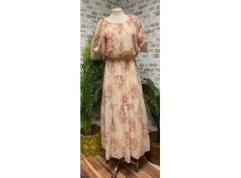 N.O.S. Vintage Full Length Lightweight Tea-stained Style Floral Dress - Size 11/12