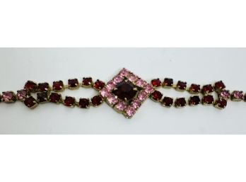 VINTAGE GOLD TONE RED & PINK RHINESTONE BRACELET