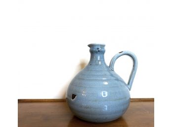 Handled Blue Glazed Pottery Jug With Crazing Throughout