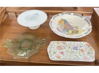 Richard Ginon Cake Stand & Big Bowl Italy, Avignon Serving Plate, Green Depression Glass Serving Tray Plate.
